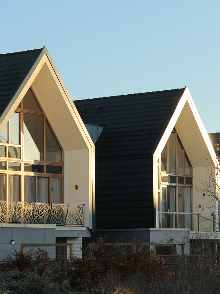 Contemporary gabled homes with large glass windows in afternoon sun