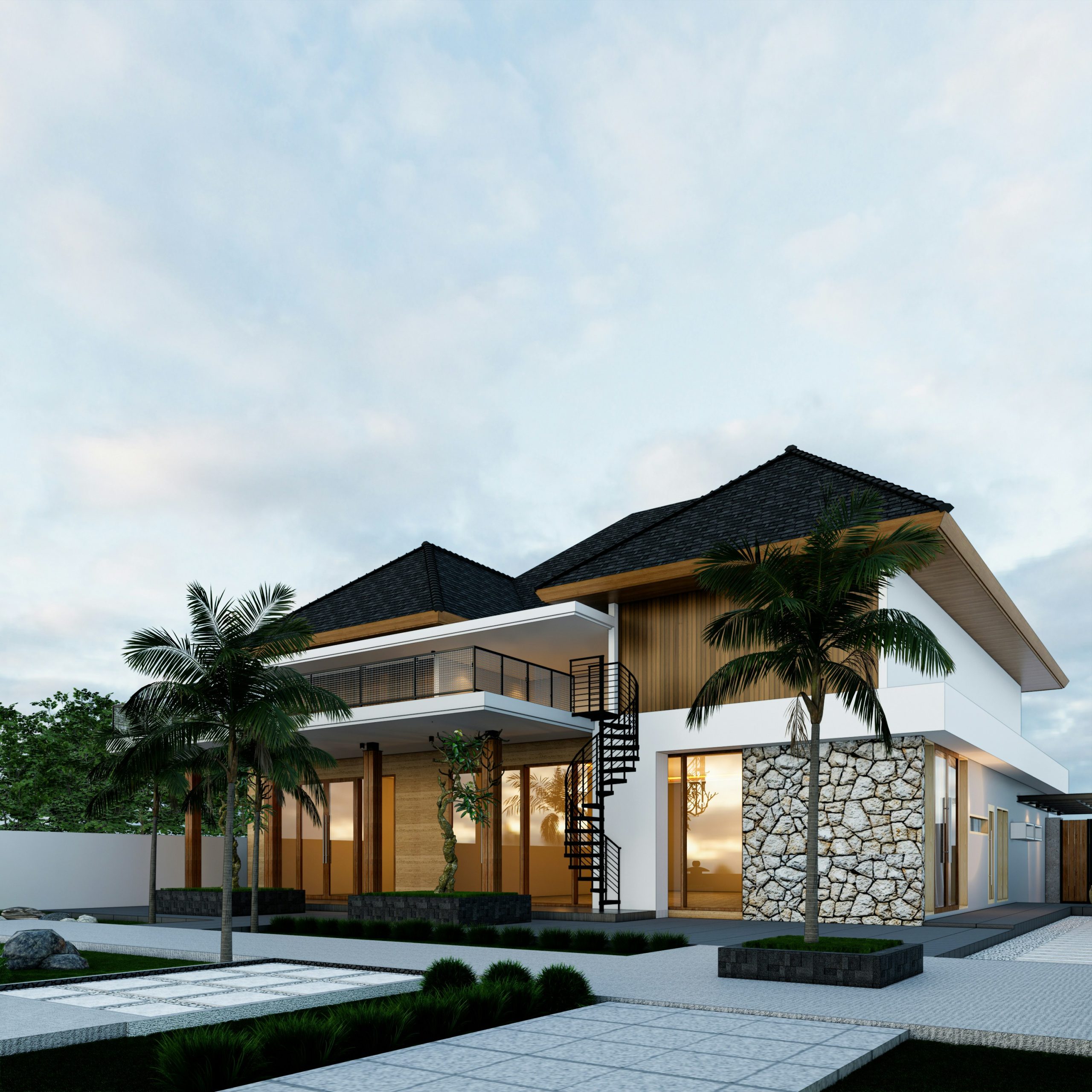 Modern two-storey home with palm trees and a spiral staircase