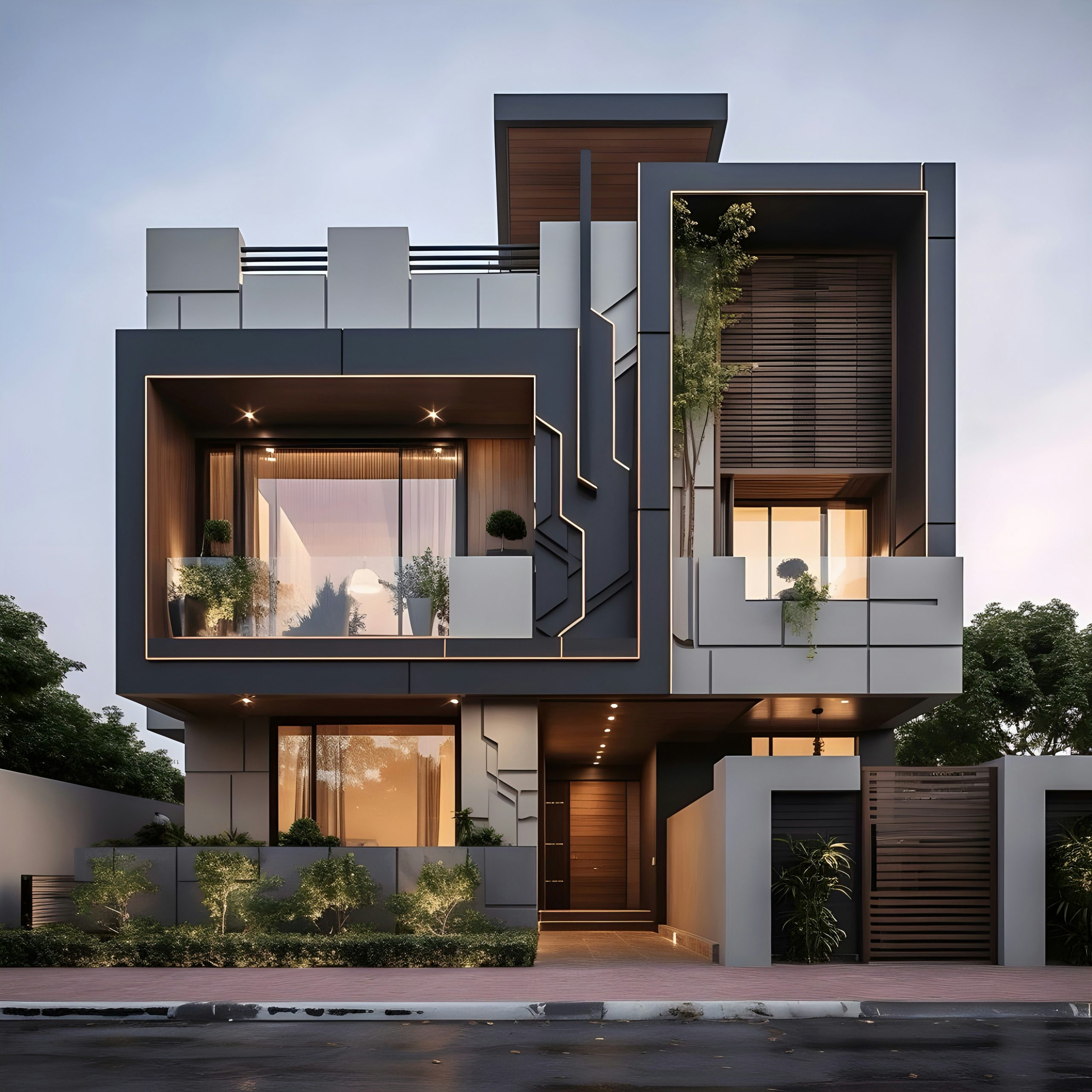 Contemporary luxury home exterior with warm evening lighting