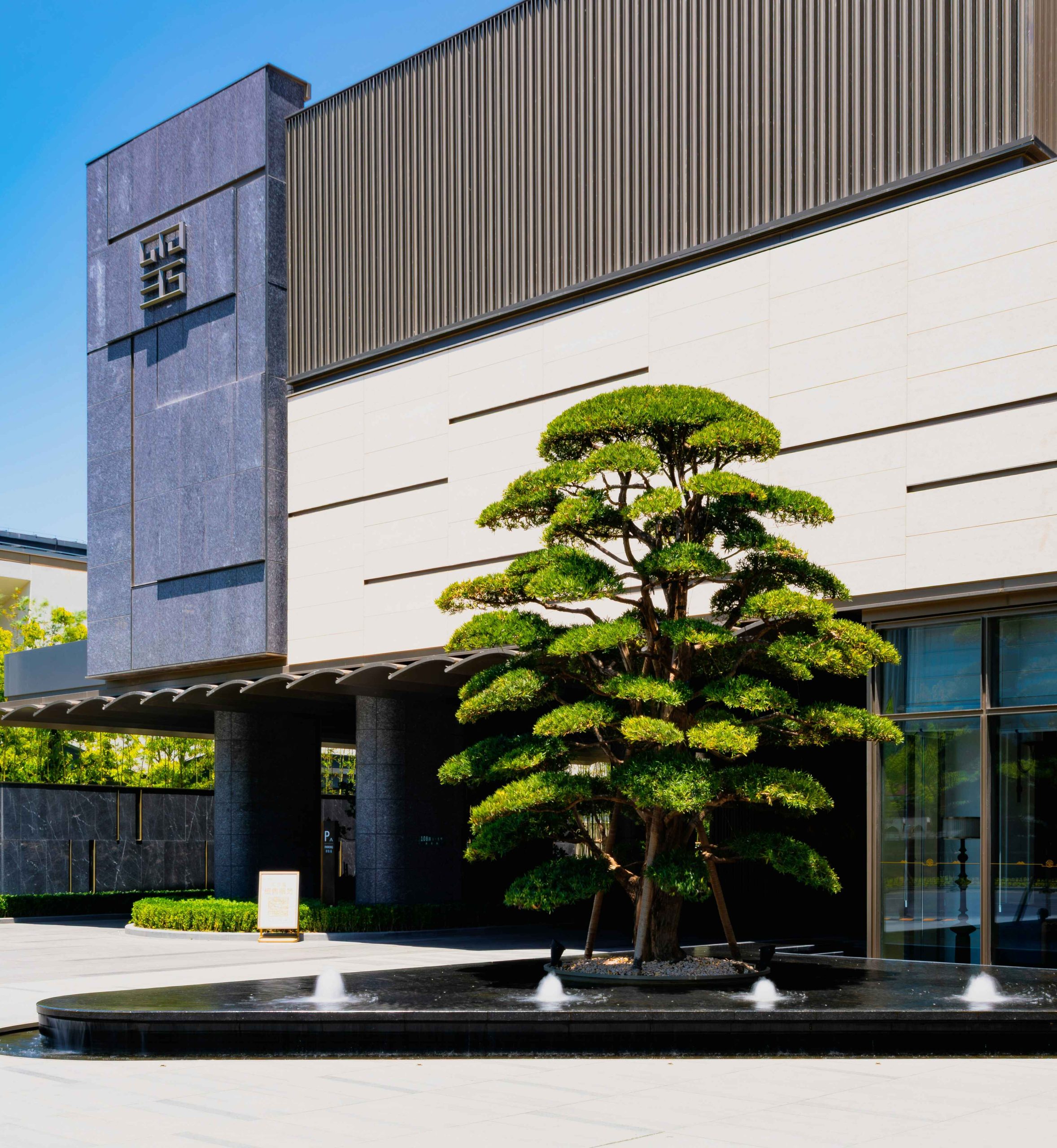 Modern commercial building entrance with a sculpted tree and water feature