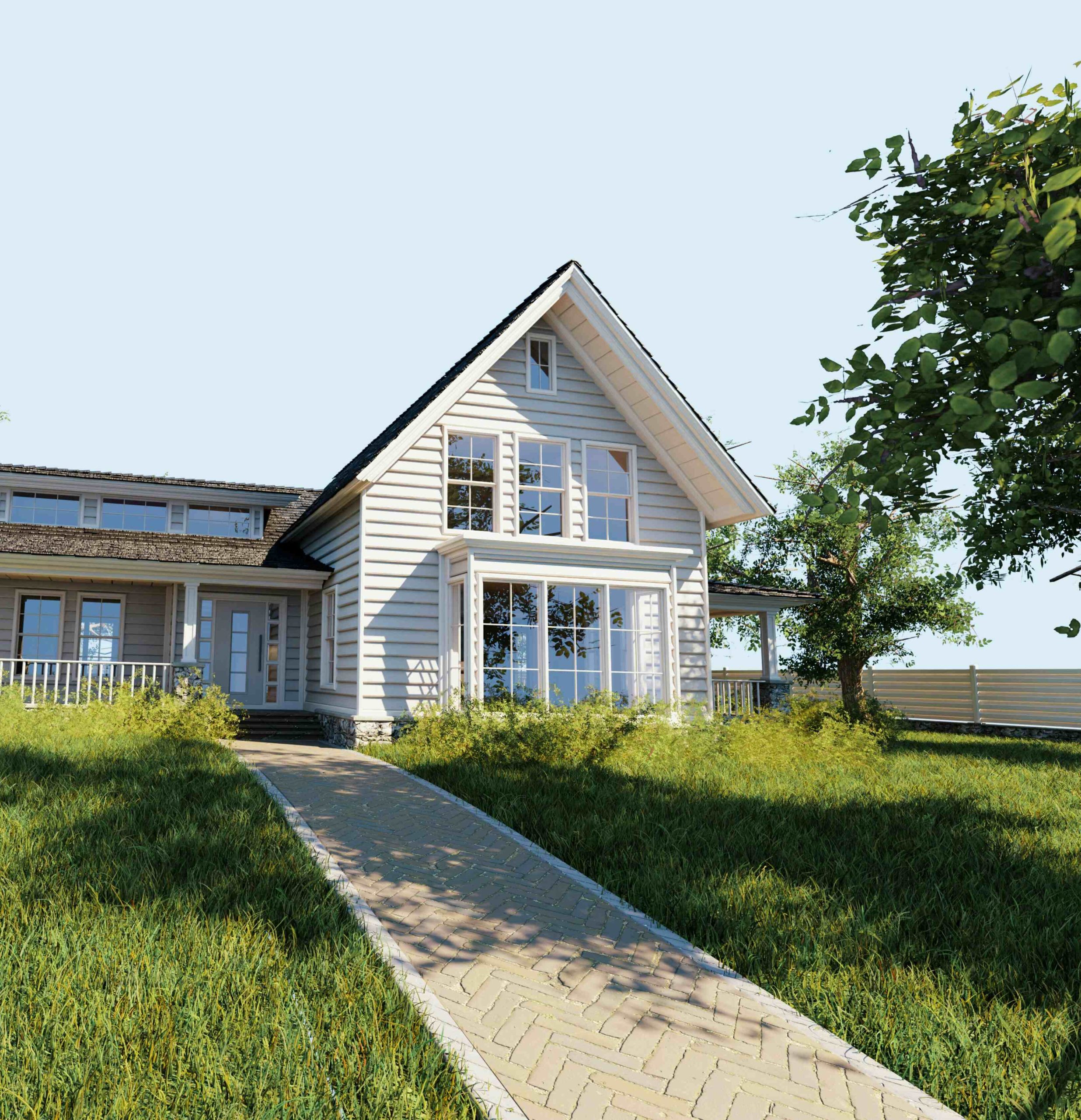 White weatherboard home with a paved path and green lawn